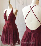 A Line V Neck Short Burgundy Lace Formal Prom Dresses, Short Burgundy Lace Formal Homecoming Dresses