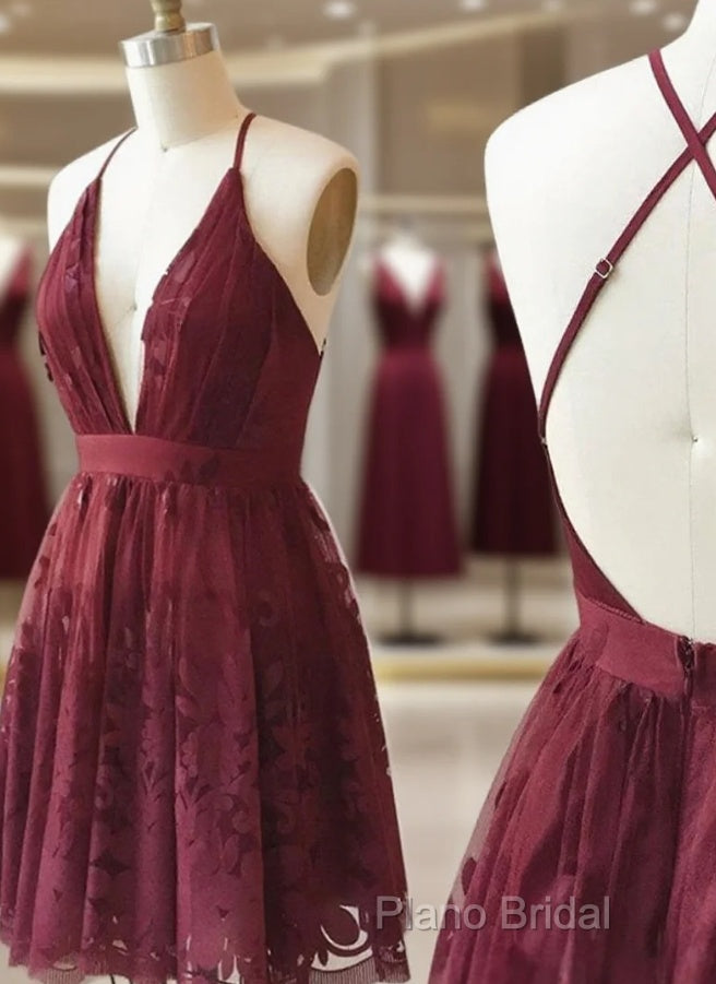 A Line V Neck Short Burgundy Lace Formal Prom Dresses, Short Burgundy Lace Formal Homecoming Dresses Main image