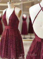 A Line V Neck Short Burgundy Lace Formal Prom Dresses, Short Burgundy Lace Formal Homecoming Dresses