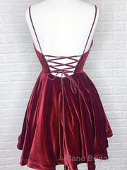 A Line V Neck Short Burgundy Formal Prom Dresses, Short Wine Red Formal Homecoming Dresses