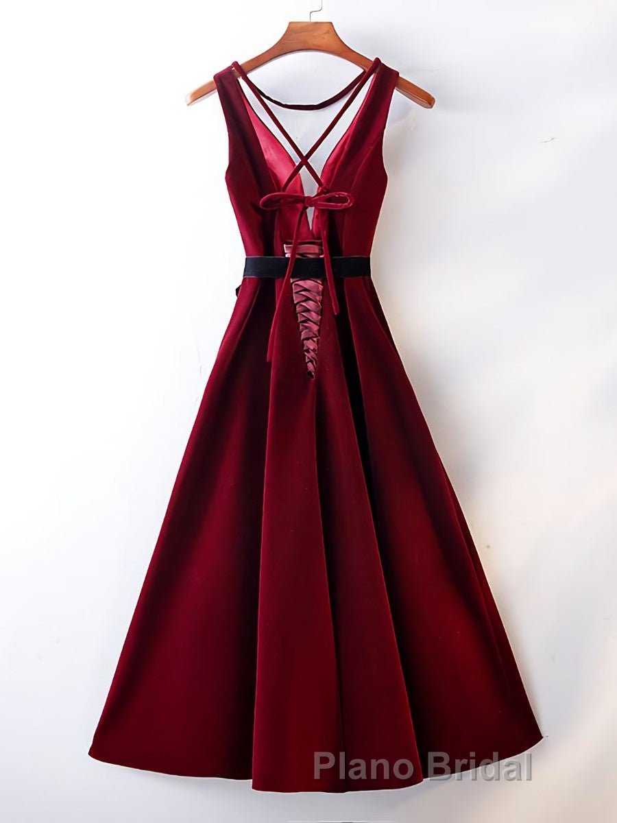 A Line V Neck Short Burgundy Formal Prom Dresses, Wine Red Short Formal Graduation Homecoming Dresses