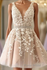 A Line V Neck Short Champagne Lace Wedding Dresses, Short Champagne Lace Formal Formal Prom Dresses