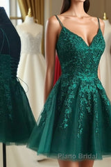A Line V Neck Short Dark Green Lace Formal Prom Dresses, Dark Green Lace Formal Homecoming Dresses