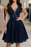 A Line V Neck Short Dark Navy Blue Lace Formal Prom Dresses, Dark Navy Blue Lace Homecoming Graduation Dresses