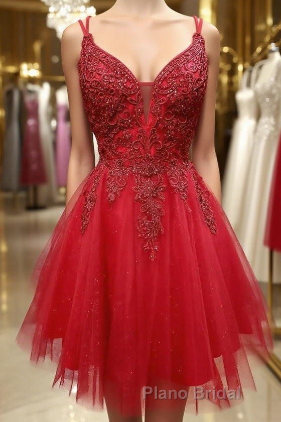 A Line V Neck Short Dark Red Lace Formal Prom Dresses, Short Dark Red Lace Formal Homecoming Dresses