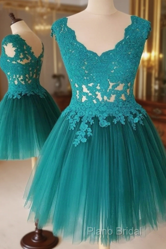 A Line V Neck Short Green-Blue Lace Formal Prom Dresses, Short Lace Formal Graduation Dresses Main image