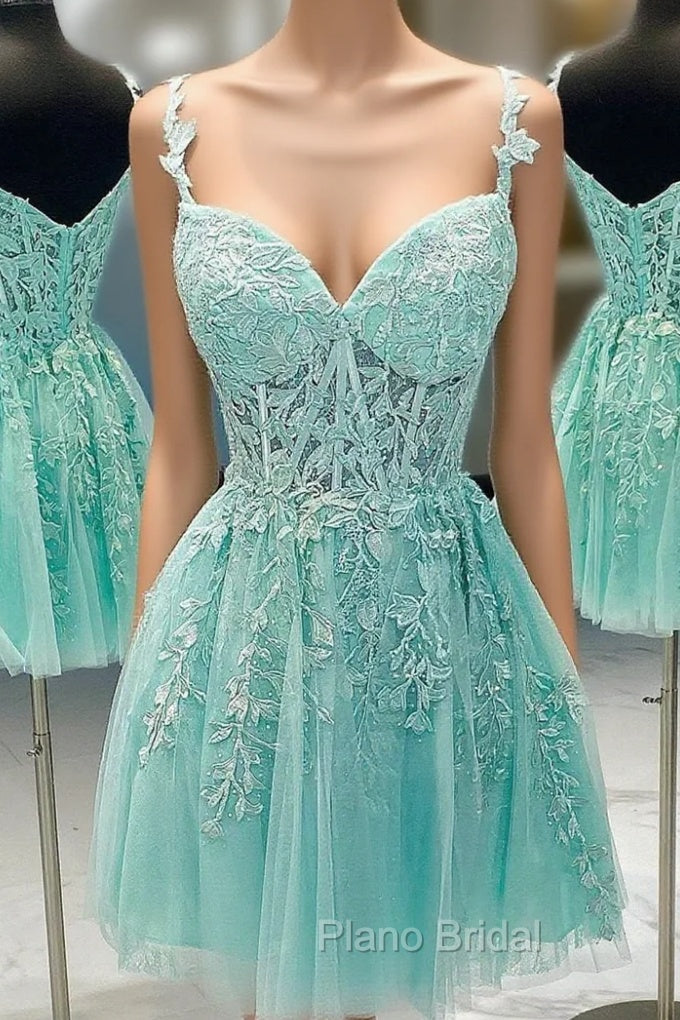 A Line V Neck Short Green Lace Formal Prom Dresses, Short Green Lace Formal Homecoming Dresses Main image