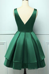 A Line V Neck Short Green Satin Formal Prom Dresses, Short Green Satin Homecoming Graduation Dresses