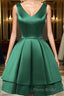 A Line V Neck Short Green Satin Formal Prom Dresses, Short Green Satin Homecoming Graduation Dresses