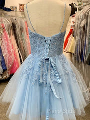 A Line V Neck Short Light Blue Lace Formal Prom Dresses, Short Light Blue Lace Homecoming Dresses