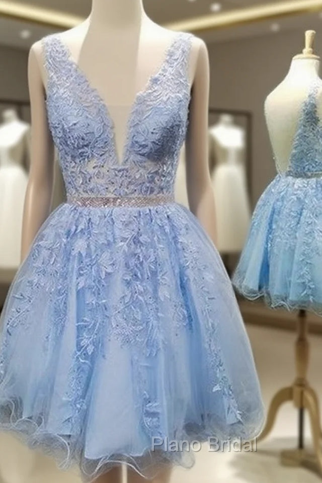 A-line V Neck Short/Mini Lace Homecoming Dresses With Appliqued Beading Main image