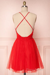 A Line V Neck Short Red/Burgundy Tulle Formal Prom Dresses, Short Red/Burgundy Graduation Homecoming Dresses
