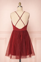 A Line V Neck Short Red/Burgundy Tulle Formal Prom Dresses, Short Red/Burgundy Graduation Homecoming Dresses