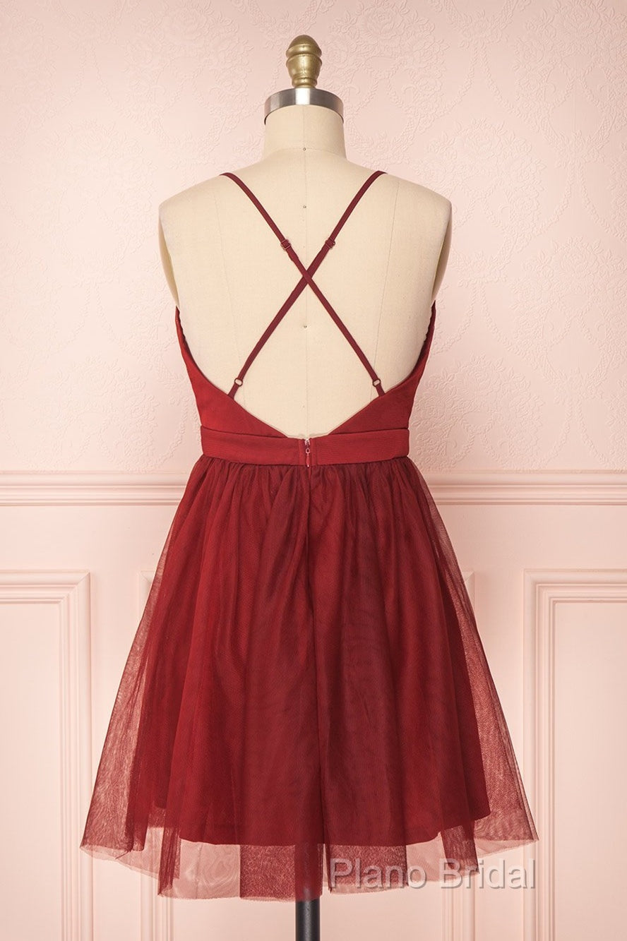 A Line V Neck Short Red/Burgundy Tulle Formal Prom Dresses, Short Red/Burgundy Graduation Homecoming Dresses