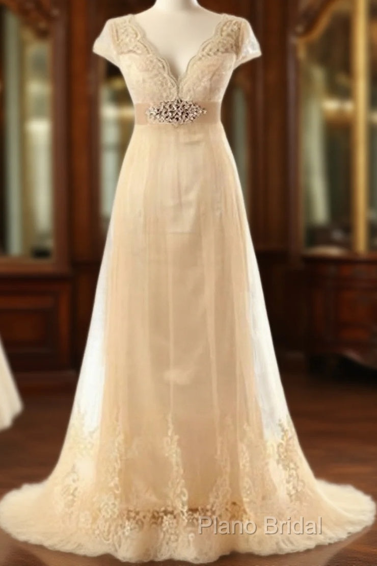 A-Line V-Neck Short Sleeves Sash/Ribbon/Belt Sweep Train Tulle Wedding Dresses Main image