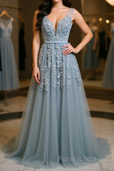 A Line V Neck Silver Gray Lace Formal Prom Dresses, Grey Lace Formal Evening Dresses