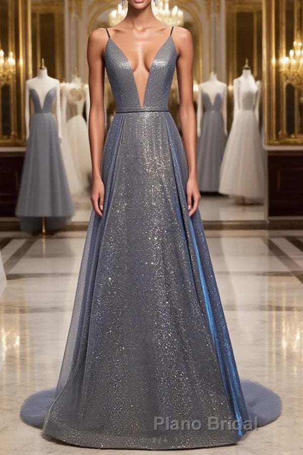 A Line V Neck Silver Gray Long Formal Prom Dresses, Gray Long Formal Evening Dresses Main image