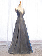 A Line V Neck Silver Gray Long Formal Prom Dresses, Gray Long Formal Evening Dresses