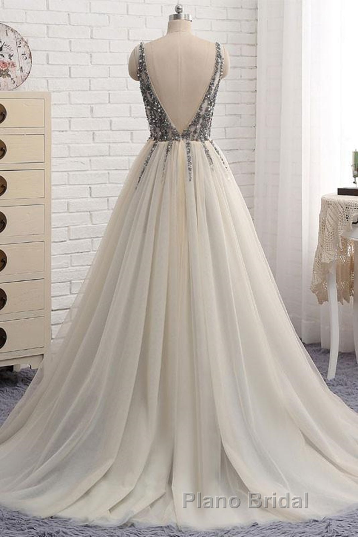 A Line V Neck Silver Gray Long Formal Prom Dresses, Silver Grey Beaded Long Formal Evening Dresses