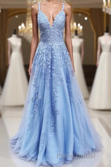 A Line V Neck Sky Blue Lace Formal Prom Dresses, Light Blue Lace Formal Evening Dresses