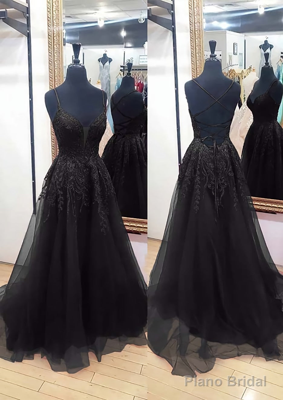 A-line V Neck Sleeveless Chapel Train Tulle Prom Dresses With Appliqued Lace