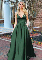 A-line V Neck Sleeveless Charmeuse Long/Floor-Length Prom Dresses With Pockets
