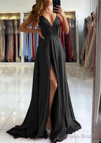 A-line V Neck Sleeveless Charmeuse Sweep Train Prom Dresses With Split