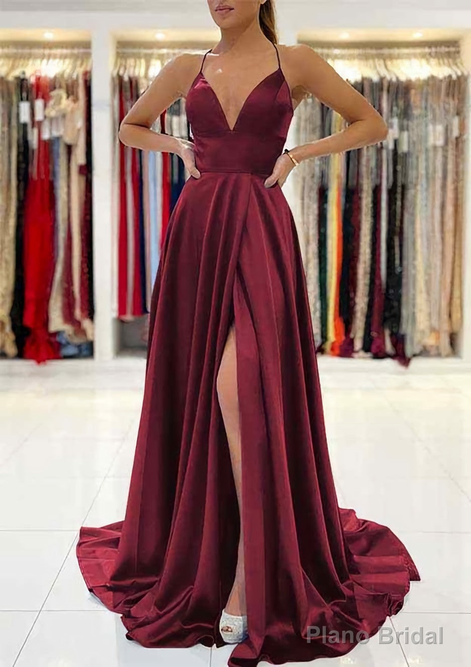 A-line V Neck Sleeveless Charmeuse Sweep Train Prom Dresses With Split