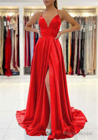 A-line V Neck Sleeveless Charmeuse Sweep Train Prom Dresses With Split