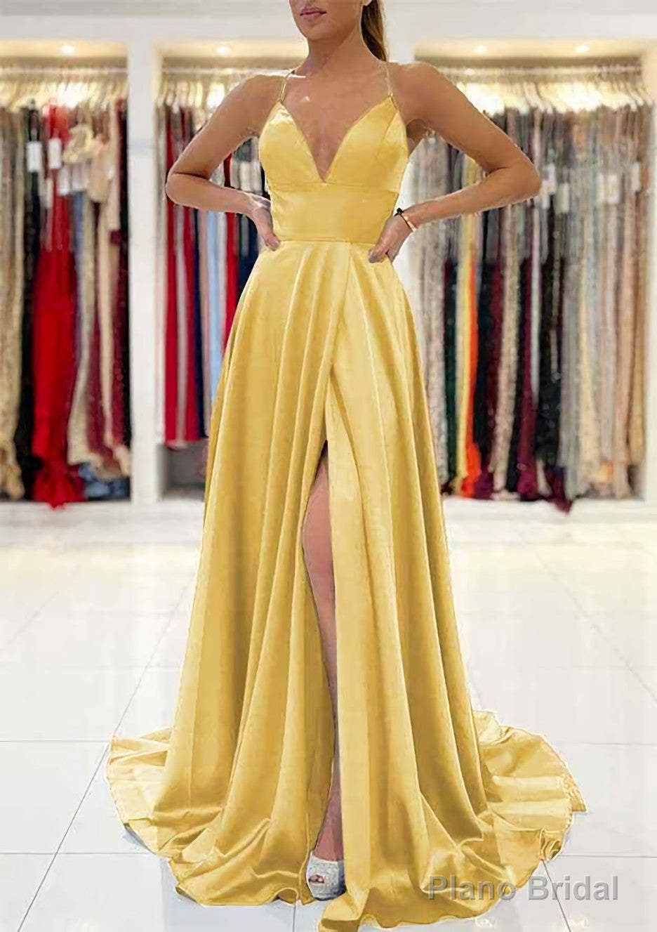 A-line V Neck Sleeveless Charmeuse Sweep Train Prom Dresses With Split