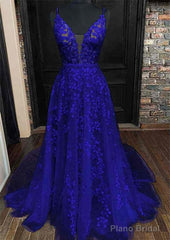 A-line V Neck Sleeveless Lace Court Train Prom Dresses With Pleated
