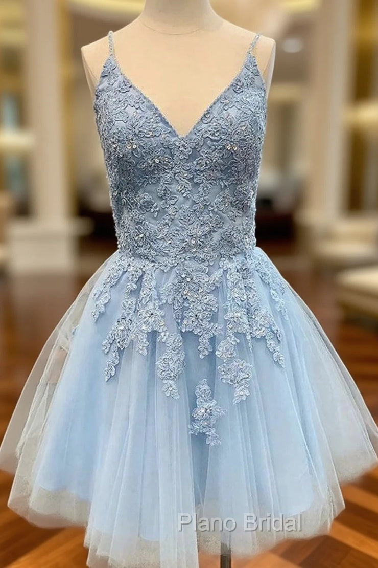 A-line V Neck Sleeveless Lace Tulle Satin Short/Mini Homecoming Dresses With Appliqued Sequins