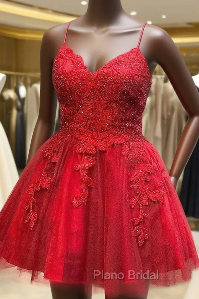 A-line V Neck Sleeveless Lace Tulle Short Mini Homecoming Dresses, Beading Main image