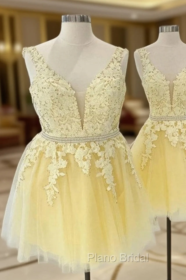 A-line V Neck Sleeveless Lace Tulle Short/Mini Homecoming Dresses With Beading Bandage Main image