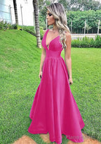 A-line V Neck Sleeveless Long/Floor-Length Satin Prom Dresses With Pleated