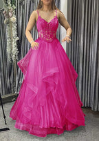A-line V Neck Sleeveless Long/Floor-Length Tulle Charmeuse Prom Dresses With Appliqued Lace
