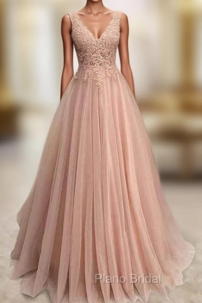 A-line V Neck Sleeveless Long/Floor-Length Tulle Glitter Formal Prom Dresses With Appliqued Beading Main image