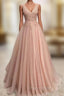 A-line V Neck Sleeveless Long/Floor-Length Tulle Glitter Formal Prom Dresses With Appliqued Beading