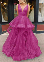 A-line V Neck Sleeveless Long/Floor-Length Tulle Glitter Prom Dresses With Pleated