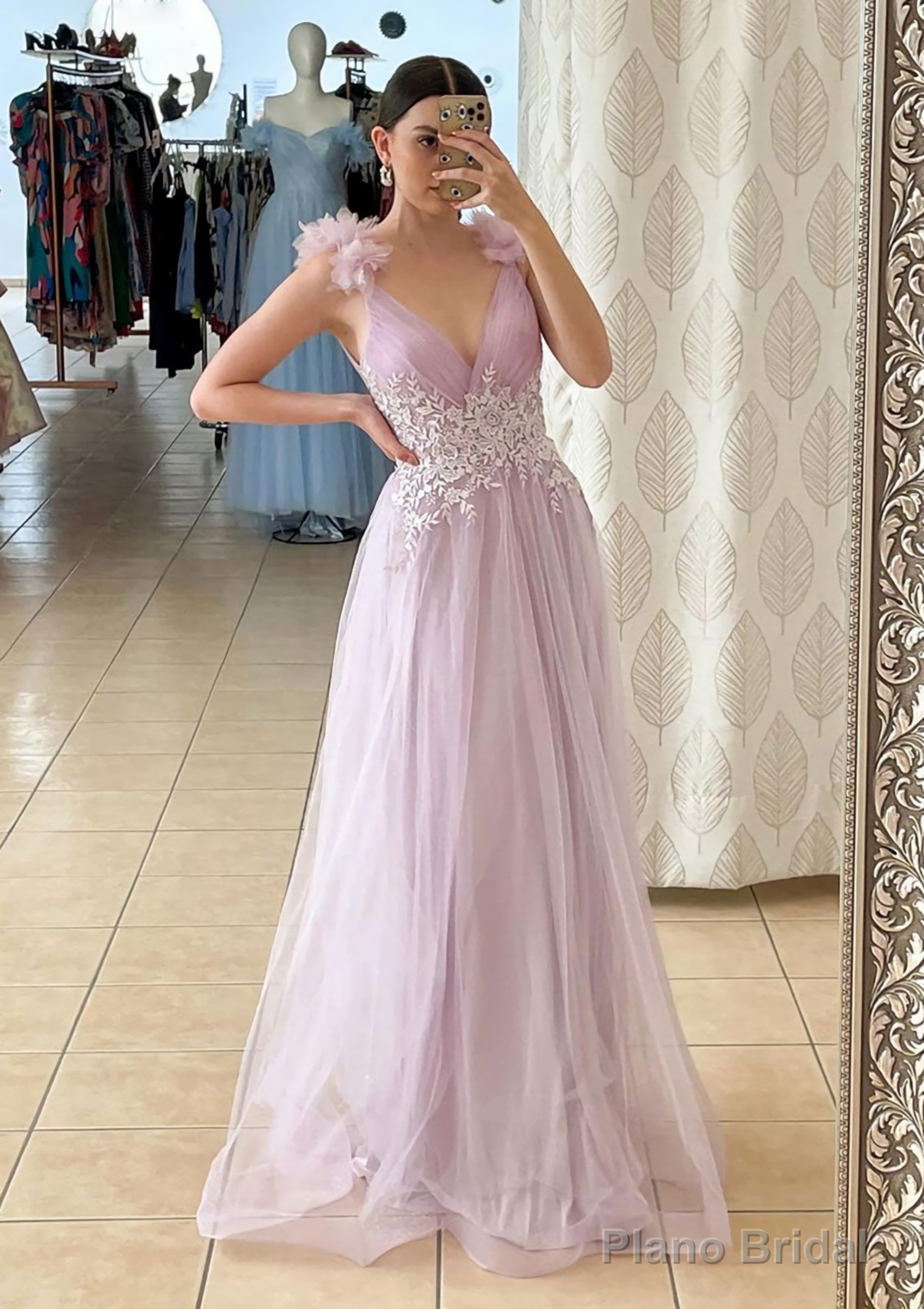 A-line V Neck Sleeveless Long/Floor-Length Tulle Prom Dresses With Appliqued Beading Flowers Main image