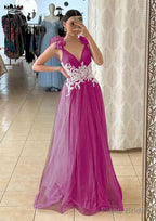 A-line V Neck Sleeveless Long/Floor-Length Tulle Prom Dresses With Appliqued Beading Flowers