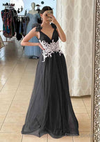 A-line V Neck Sleeveless Long/Floor-Length Tulle Prom Dresses With Appliqued Beading Flowers
