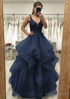 A-line V Neck Sleeveless Long/Floor-Length Tulle Satin Prom Dresses With Lace Appliqued