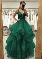 A-line V Neck Sleeveless Long/Floor-Length Tulle Satin Prom Dresses With Lace Appliqued