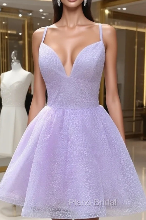 A-line V Neck Sleeveless Organza Short/Mini Homecoming Dresses With Glitter Main image