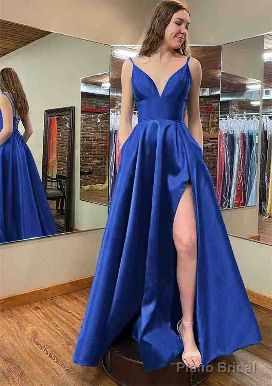 A-line V Neck Sleeveless Satin Long/Floor-Length Prom Dresses With Pockets Split