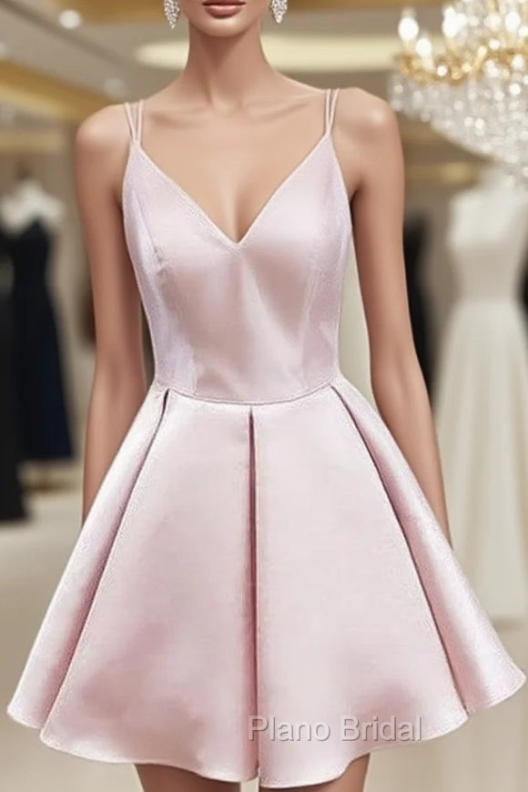 A-line V Neck Sleeveless Satin Short/Mini Homecoming Dresses With Ruffles