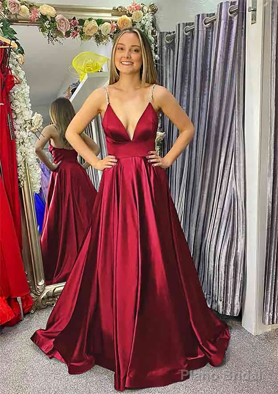 A-line V Neck Sleeveless Satin Sweep Train Prom Dresses With Beading