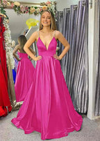 A-line V Neck Sleeveless Satin Sweep Train Prom Dresses With Beading