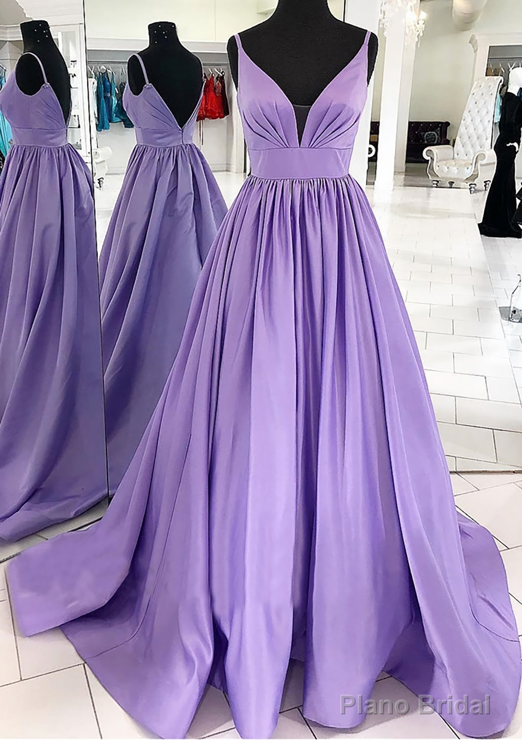 A-line V Neck Sleeveless Satin Sweep Train Prom Dresses With Pleated Main image